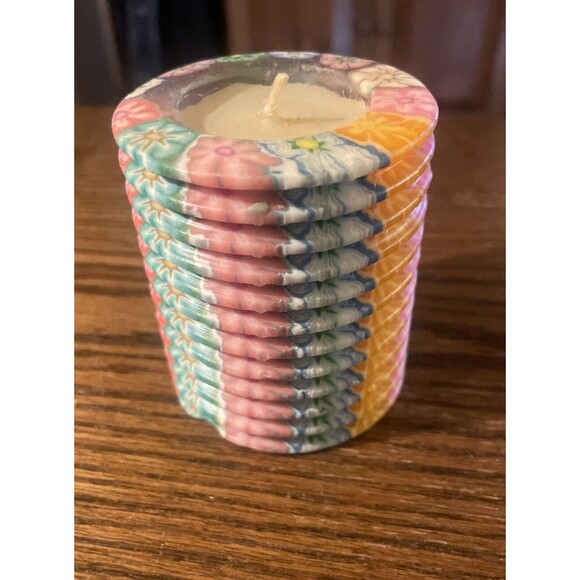 Vintage Artistic Pillar Candle Boho Style Millefiori New Pink orange Green - Picture 1 of 4